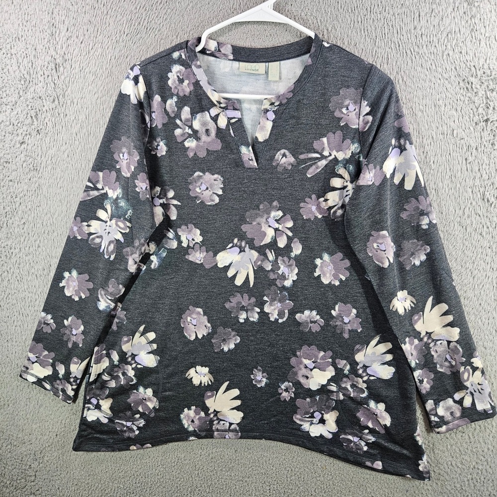 LOGO Lounge Lori Goldstein Floral French Terry Top Notched Neck Pockets Gray S